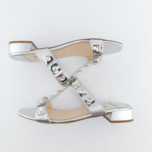 PRADA Crystal Embellished Silver Saffiano T-Strap Block Heel Slide Sandals 37.5 - Picture 7 of 10